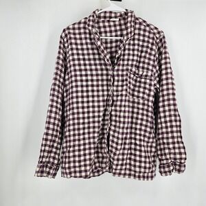 Piglet In Bed Button Down Shirt Maroon White Linen Plaid Checkered Collared L